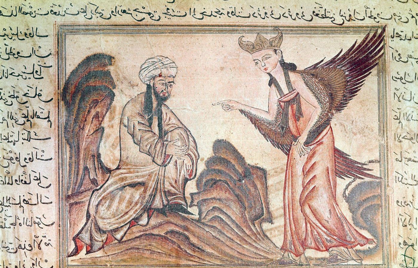 Anioł Dżibril (Gabriel) przekazuje objawienie prorokowi Mahometowi. Ilustracja z perskiej kroniki z początku XIV w.