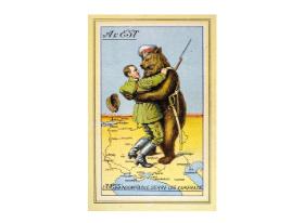 Hitler w zapaśniczym uścisku rosyjskiego niedźwiedzia na mapie Rosji, 1939 r. Francuska karykatura na temat paktu Ribbentrop-Mołotow.