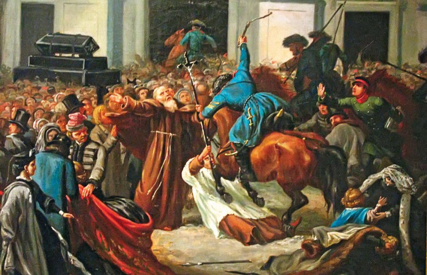 Demonstracja patriotyczna zaatakowana przez kozaków 27 lutego 1861 r., obraz olejny nieznanego artysty z XIX w.