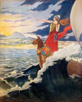 Alegoryczna ilustracja z 1910 r. do pieśni „Rule Britannia!” (Panuj Brytanio), skomponowanej w 1740 r., będącej nieformalnym hymnem Wielkiej Brytanii.