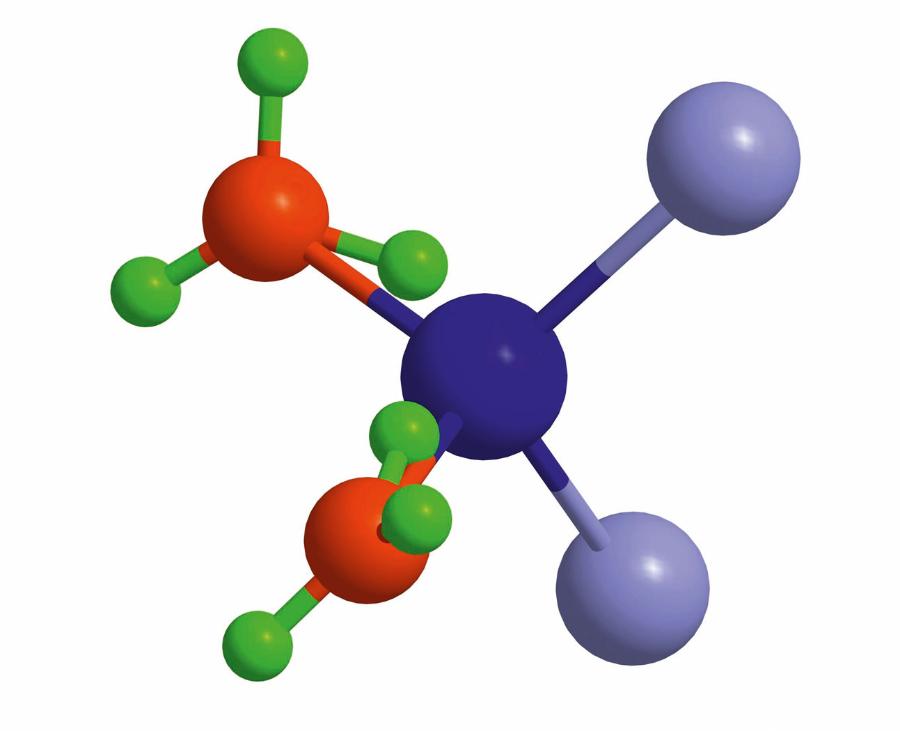 Model cząsteczki cisplatyny. Atom platyny – granatowy, azotu – czerwony, wodoru – zielony, chloru – jasnoniebieski.