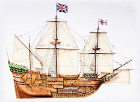 Ilustracja pokazująca przekrój i budowę statku „Mayflower”.