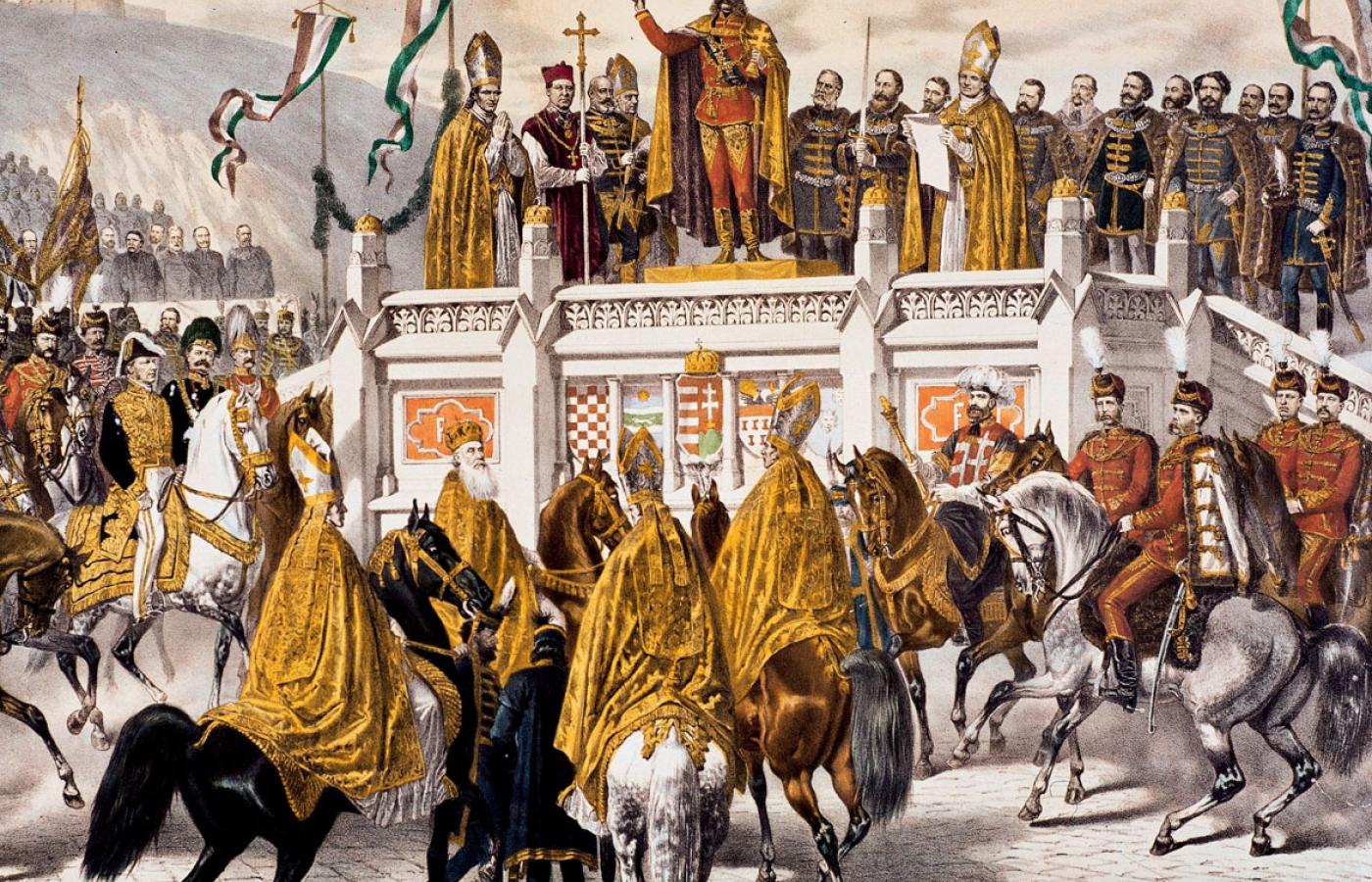 Składanie przysięgi przez Franciszka Józefa podczas koronacji w Budapeszcie uwiecznione na rycinie z 1867 r.