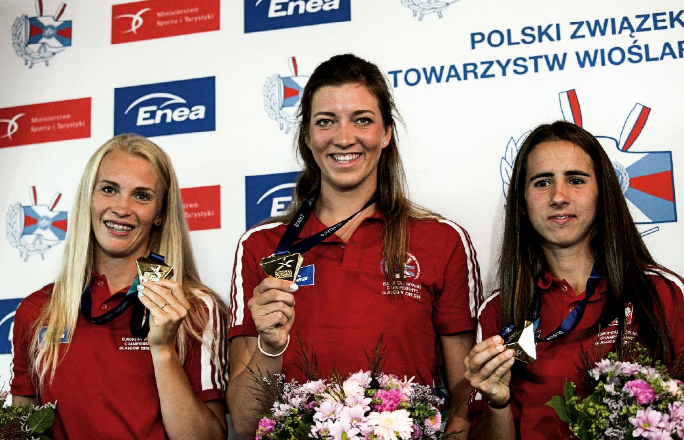 Po powrocie z Mistrzostw Europy w Glasgow w 2018 r. Od lewej: Agnieszka Kobus-Zawojska, Marta Wieliczko, Maria Springwald
