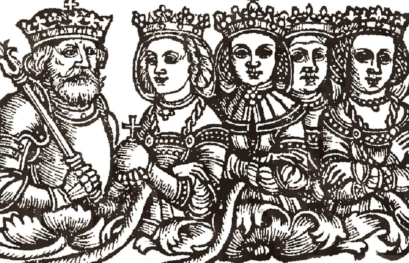 Cztery żony Jagiełły: Jadwiga Andegaweńska, Anna Cylejska, Elżbieta Granowska i Zofia Holszańska, rycina z dzieła Ludovica Deciusa „De Jagellonum liberii”, 1521 r.
