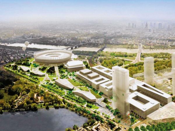 Zabudowa okolic Stadionu Narodowego. Wizualizacja przygotowana przez Narodowe Centrum Sportu w związku z planem organizacji igrzysk olimpijskich w Warszawie.