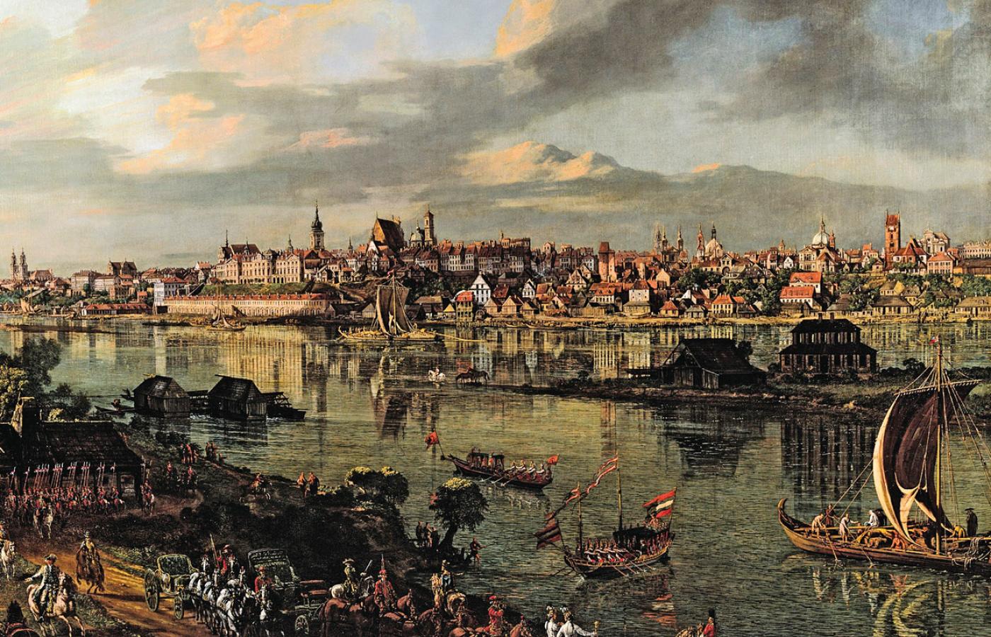 „Widok Warszawy od strony Pragi” Canaletta pokazuje też zabudowania portowe i ruch na Wiśle.