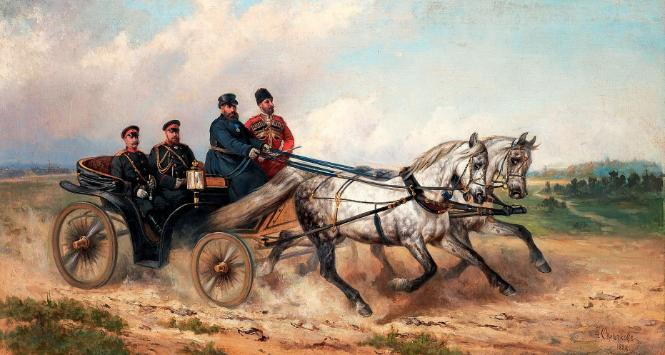 Car Aleksander III i cesarz Wilhelm II w powozie, 1888 r., obraz z epoki.