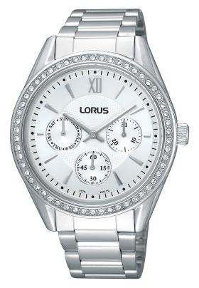 RP637AX9. Srebrny stylowy zegarek Lorus z kryształami na kopercie. Koperta i bransoleta ze stali szlachetnej, mutidata, wodoszczelność 5 m. Cena: 299 zł.