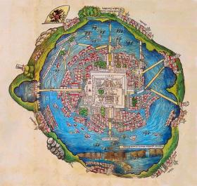 Tenochtitlan rozściągało się na umocnionych wysepkach słonego jeziora Texcoco. Kolorowany drzeworyt z 1524 r.