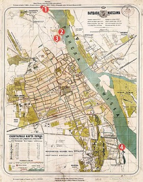 Plan Warszawy z 1867 r. Cyframi zaznaczono: 1. Wachta bielańska 2. Prowizoryczna stocznia 3. Cytadela Aleksandrowska, koszary armii carskiej 4. Wachta łazienkowska