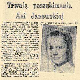 Notatka o zaginionej Ani w łódzkiej gazecie z 1989 r.