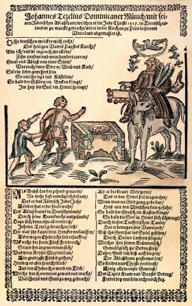 Johann Tetzel handlujący odpustami, drzeworyt z epoki