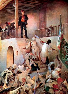 Rysunek przedstawiający śmierć gen. Gordona w Chartumie. Gordon i Mahdi występują na kartach „W pustyni i w puszczy” Henryka Sienkiewicza.