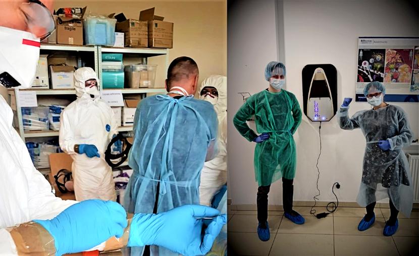Praca z materiałem zakaźnym wymaga odpowiedniego przygotowania i stosowania środków ochrony osobistej (po lewej). Pracownicy uczelni mogą liczyć na wolontaryjną pomoc studentów (po prawej), głównie analityki medycznej i kierunku lekarskiego, którzy uczestniczą w pracach administracyjnych laboratorium diagnostycznego SARS-CoV-2.
