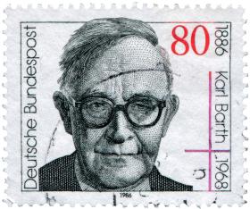 Znaczek pocztowy z podobizną Karla Bartha, szwajcarskiego teologa, przed wojną związanego z Kościołem Wyznającym, po wojnie ważnej postaci w światowym ruchu ewangelickim, 1986 r.