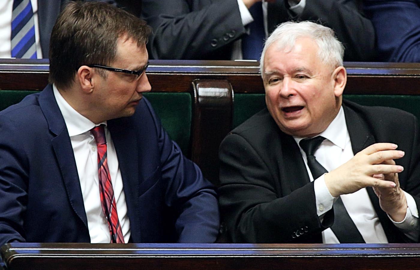 Minister Zbigniew Ziobro i prezes PiS Jarosław Kaczyński w Sejmie