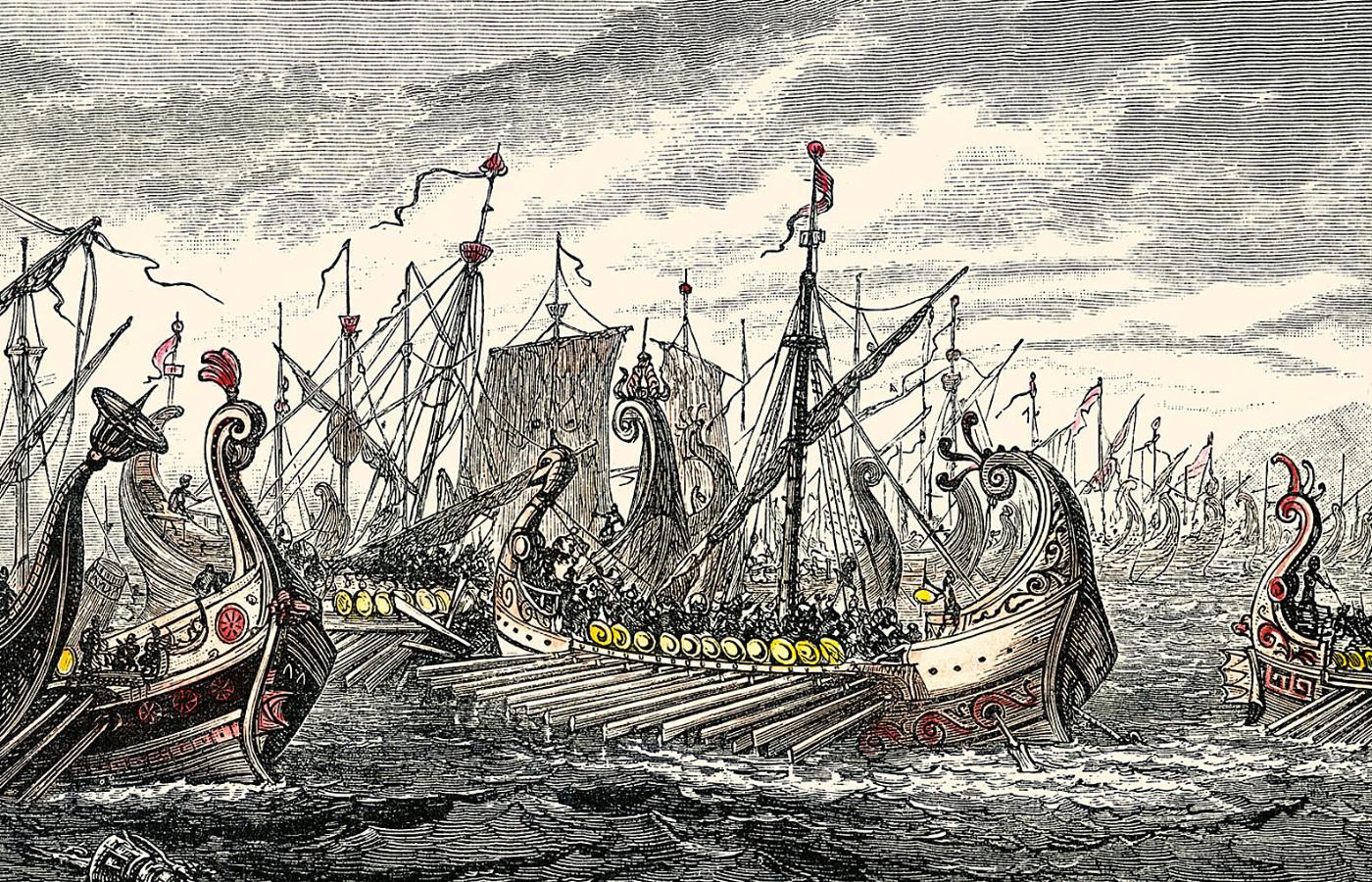 Grecka flota u wybrzeży Salaminy, wyobrażenie XIX-wiecznego grafika.
