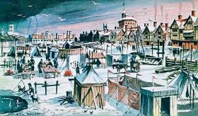 Targowisko na Tamizie skutej lodem, litografia Dana Escotta, XX w.