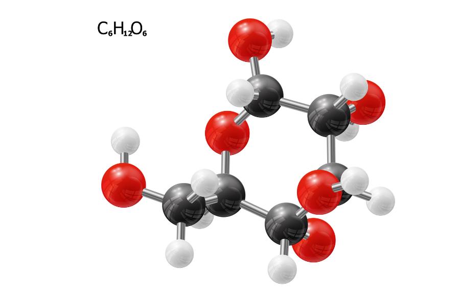 Przestrzenny model cząsteczki glukozy, atomy węgla – kolor czarny, wodoru – biały, tlenu – czerwony.