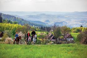 Robert Kaźmierski w terenie z turystami. W tle Czarodziejska Góra.