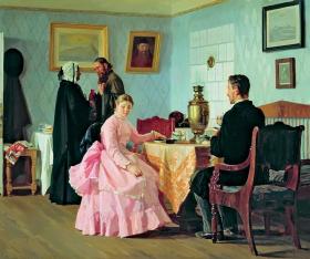 Szlachta. Smotriny – zapoznanie przyszłego męża z rodziną panny młodej, obraz Mikołaja Newrewa z 1888 r.