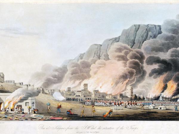 Brytyjski atak na pirackie miasto Ras al-Chajma nad cieśniną Ormuz w 1809 r., rycina z epoki.