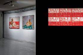 Od lewej: Michał Rutz, „Michał i Richard”, 2019 r. , „Michał i Yassir”, 2019 r. oraz Krzysztof Wałaszek, „Pamiętnik 14.04–02.07.2019”, 2019 r.