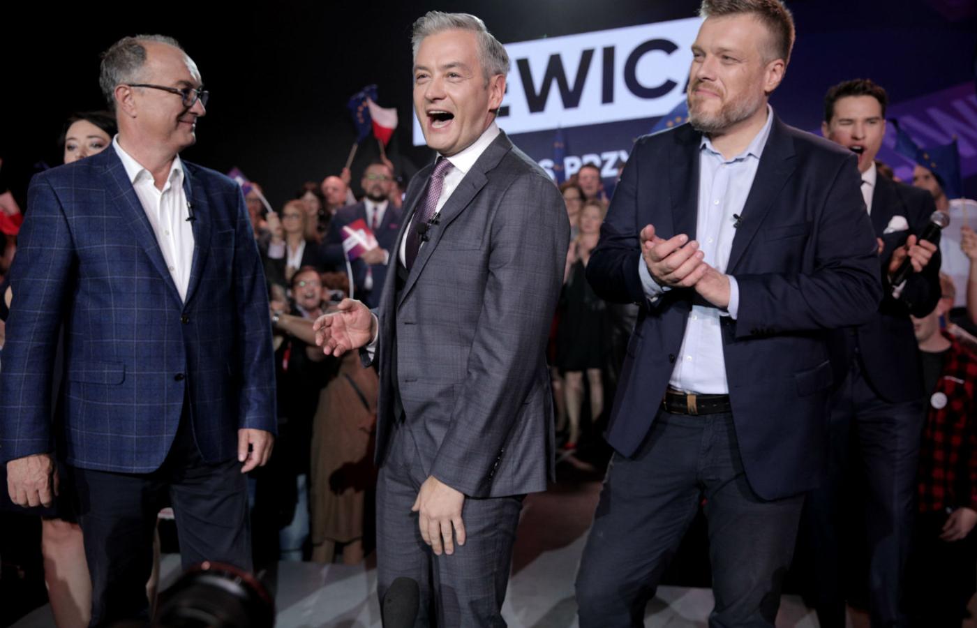 Wieczór wyborczy Lewicy. Od lewej: Włodzimierz Czarzasty, Robert Biedroń i Adrian Zandberg