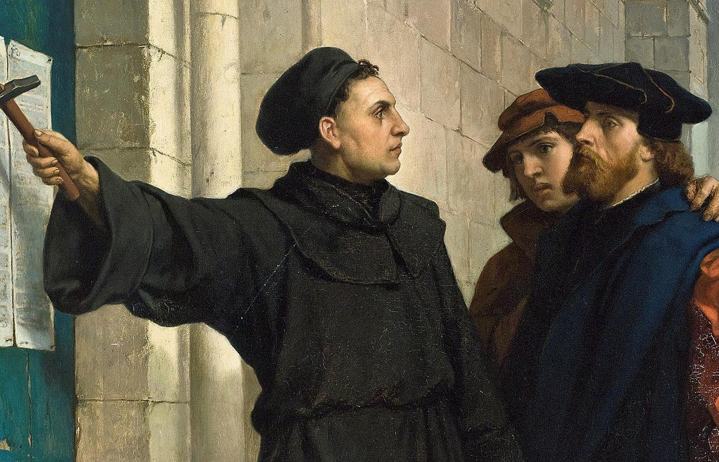 Luter przybija swoje tezy na drzwiach kościoła w Wittenberdze. Obraz XIX-wiecznego malarza Ferdinanda Pauwelsa.