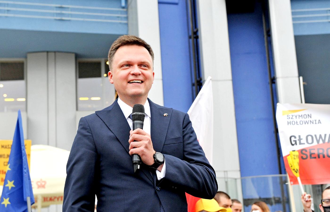 Szymon Hołownia na wiecu przedwyborczym w Katowicach