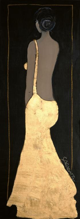 Joanna Sarapata, „Midnight” (2022) – dla miłośników wysokich pań, bo ta ma prawie dwa metry! Monumentalny obraz z dekoracyjnym przedstawieniem modelki w wieczorowej sukni odnajdzie się w kameralnej sypialni.