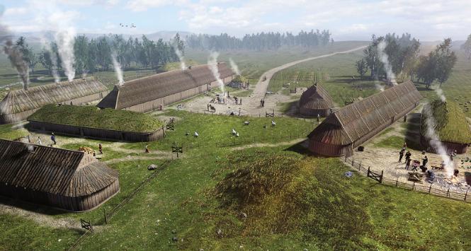 Wizualizacja osady wikingów Hove (Norwegia), założonej ok. 200 r. Domostwo przywódcy to 60-metrowy dom po lewej stronie drogi, reszta to budynki gospodarcze i służące jako mieszkania dla jego ludzi