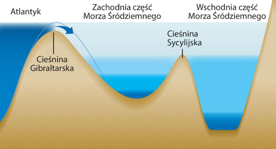 Schematyczny przekrój pokazujący, jak Ocean Atlantycki wskrzesił Morze Śródziemne.