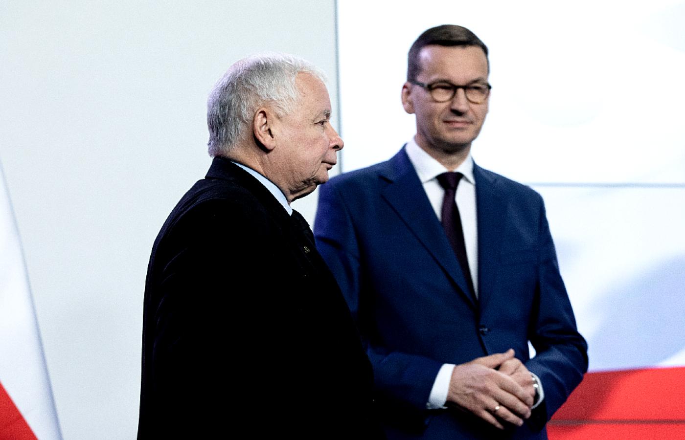 Prezes PiS i wicepremier Jarosław Kaczyński oraz premier Mateusz Morawiecki