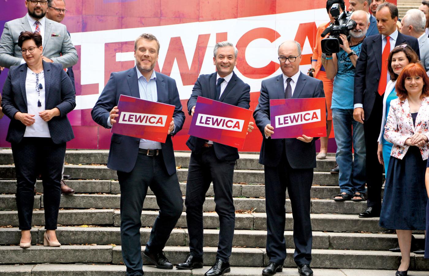 Adrian Zandberg, Robert Biedroń i Włodzimierz Czarzasty na prezentacji liderek i liderów list Lewicy w wyborach parlamentarnych.