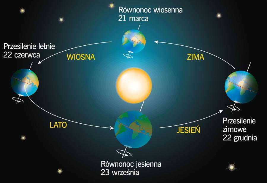Ruch ­obiegowy Ziemi wokół Słońca odbywa się w kierunku przeciwnym do ruchu ­wskazówek ­zegara. Okres jednego obiegu wynosi 365,242 dnia (rok zwrotnikowy).