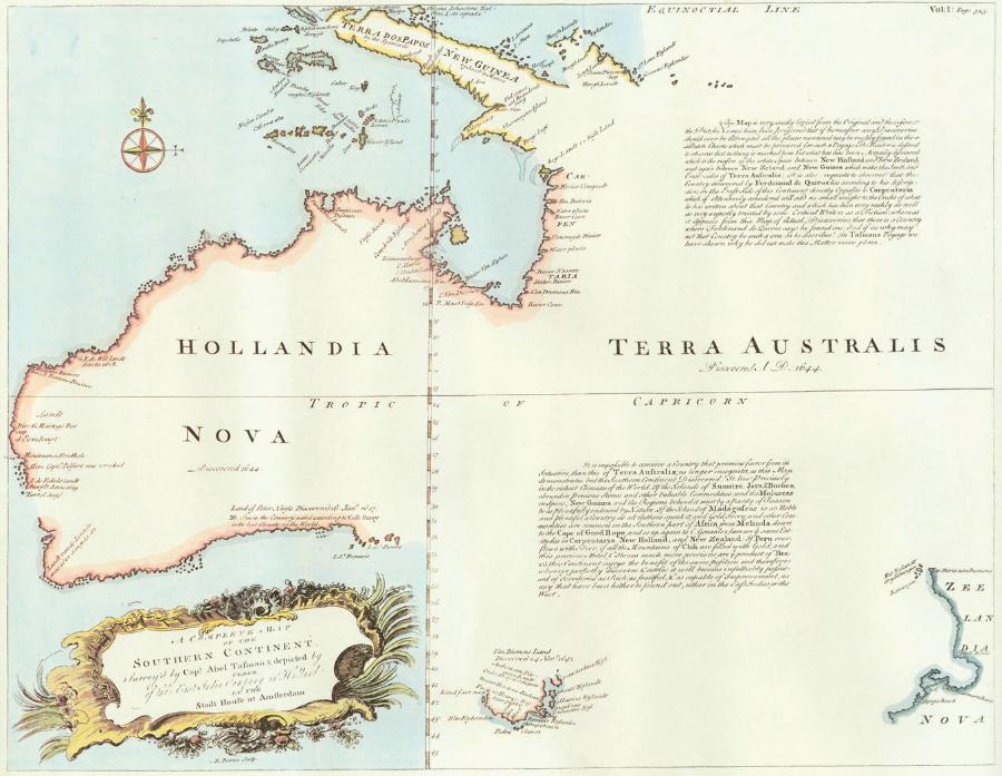 Mapa Nowej Holandii (czyli zachodniej części Australii) sporządzona na podstawie wypraw Abla Tasmana z połowy XVII w. Tasman zbadał północne, zachodnie i południowe wybrzeże nowego lądu, ale nie dotarł do jego wschodniej części. Tę odkrył ponad 100 lat później James Cook.