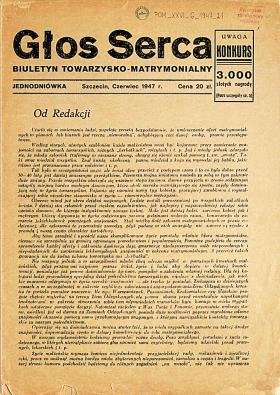 Jednodniówka „Głos serca” wydana przez Biuro Pośrednictwa Towarzysko Matrymonialnego Tamara w Szczecinie.
