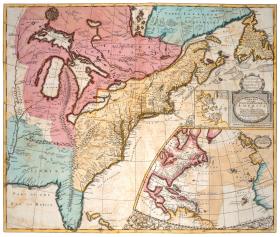 Mapa z 1721 r. pokazująca angielski stan posiadania w Ameryce Północnej (kolor żółty, na różowo - posiadłości francuskie, na niebiesko w dolnej części mapy - hiszpańskie).