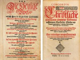 Po lewej tytułowa strona Biblii przetłumaczonej na niemiecki przez Marcina Lutra, wydrukowanej w Lipsku, XVI w. Po prawej tytułowa strona Księgi zgody z 1580 r.