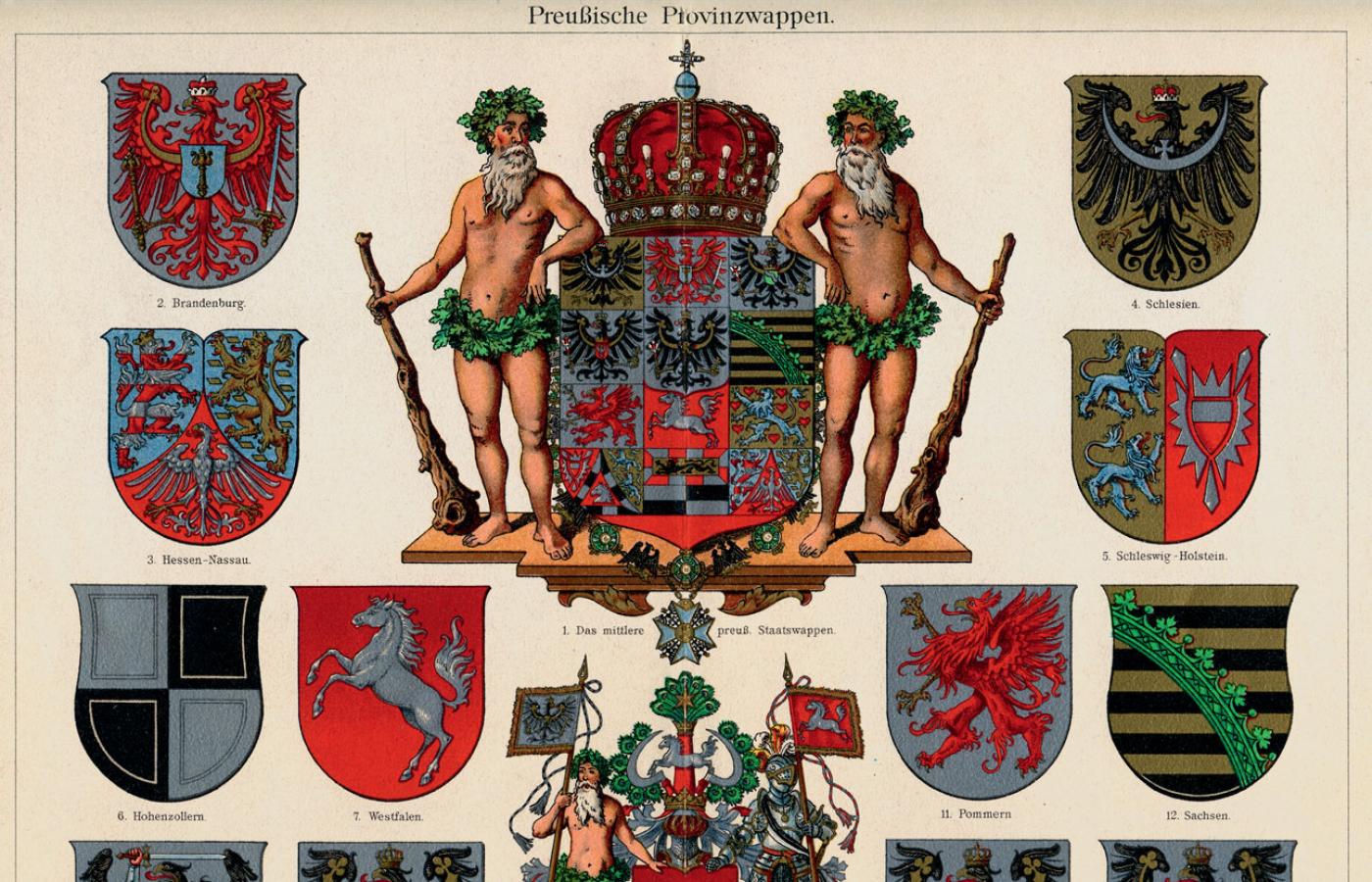 Herby pruskich prowincji (Śląsk w prawym górnym rogu); litografia z XIX w.