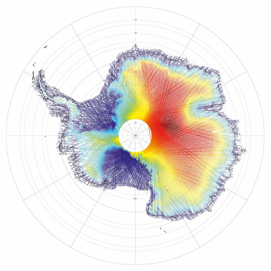 Mapa hipsometryczna Antarktydy – jej wschodnia część, pokryta ­grubszym lodem, jest wyższa od części zachodniej, bardziej wrażliwej na wzrost temperatur. Pomiary wysokości wykonał satelita ICESat.