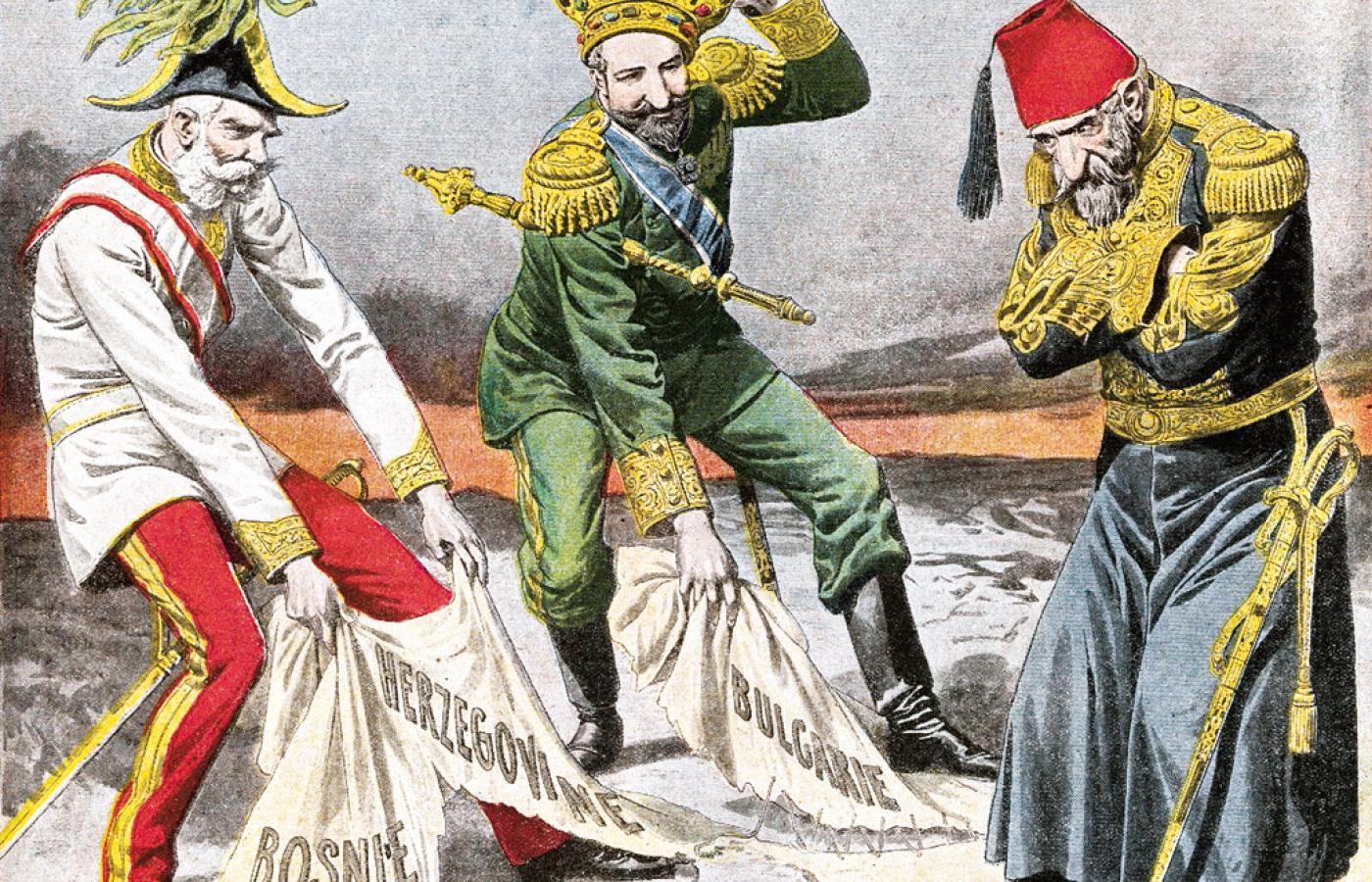 Sułtan Abdul Hamid II bezsilnie spogląda, jak cesarz Austrii i car Bułgarii odrywają fragmenty jego imperium - francuski rysunek satyryczny z epoki.