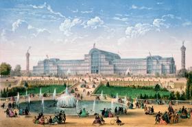Pałac Kryształowy w Londynie wybudowany z żelaza i szkła na potrzeby Wystawy Światowej w 1851 r., symbol brytyjskiej potęgi technicznej, litografia z 1862 r.