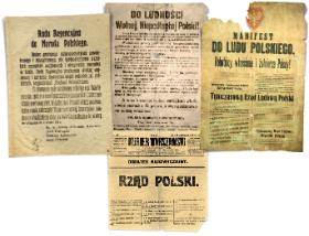 Odezwa Rady Regencyjnej z 12 listopada 1918 r. o przekazaniu władzy Józefowi Piłsudskiemu; odezwa Polskiej Komisji Likwidacyjnej, Kraków, październik 1918 r.; manifest Tymczasowego Rządu Ludowego Polski, Lublin, listopad 1918 r.; dodatek nadzwyczajny „Kuriera Warszawskiego” z 22 października 1918 r. o powołaniu przez Radę Regencyjną rządu Jana Świeżyńskiego.
