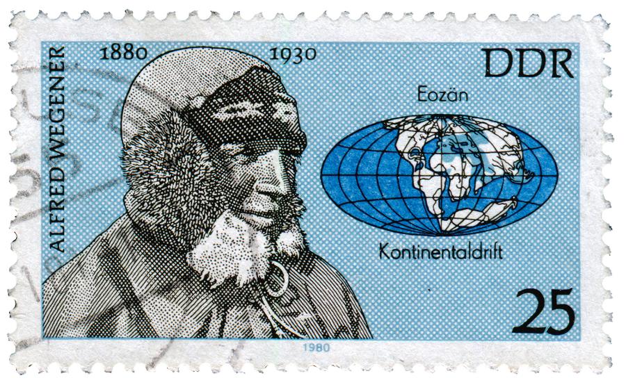 Na znaczku wydanym w 100. rocznicę urodzin A. Wegenera zamieszczono jego wizję pierwotnego kontynentu.