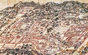 Pałace Changdeok i Changgyeong , rezydencja dynastii Joseon w stołecznym Hanyangu (Seulu); obraz na 16-krotnie składanym jedwabiu, Donggwoldo, pocz. XIX w.