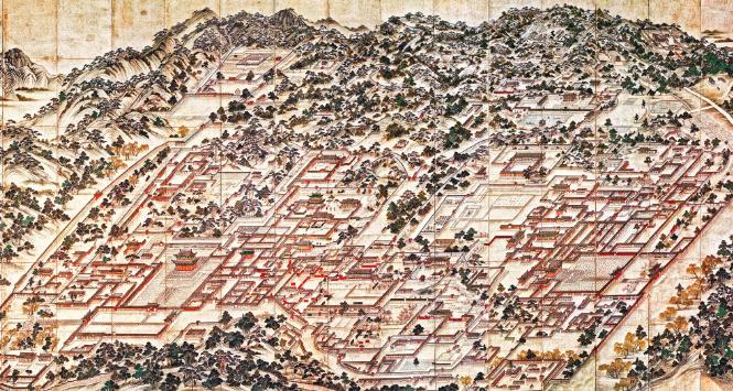 Pałace Changdeok i Changgyeong , rezydencja dynastii Joseon w stołecznym Hanyangu (Seulu); obraz na 16-krotnie składanym jedwabiu, Donggwoldo, pocz. XIX w.
