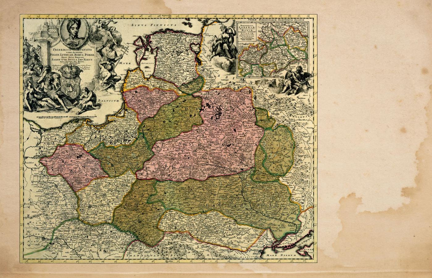 Mapa Rzeczpospolitej za panowania Augusta Mocnego, 1704 r., miedzioryt kolorowany
